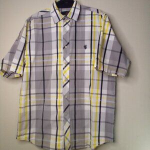 CLH Shirt Mens L Short Sleeve Button Up Y2K 90s Plaid Gray Black Yellow